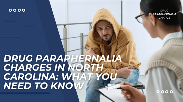 Man in hoodie talking to professional, titled "Drug Paraphernalia Charges in North Carolina: What You Need to Know."