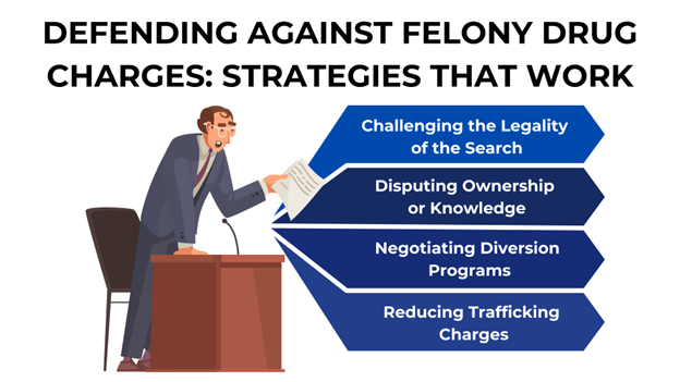 A lawyer at a podium argues a case. Text lists defense strategies: challenging searches, disputing ownership, diversion, and reducing charges.