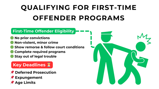 Infographic summarizing eligibility criteria for first-time offender programs, including non-violent crimes and program completion