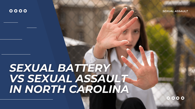 Title image. A woman raises her hands defensively behind a chain-link fence. The title contrasts sexual battery and sexual assault