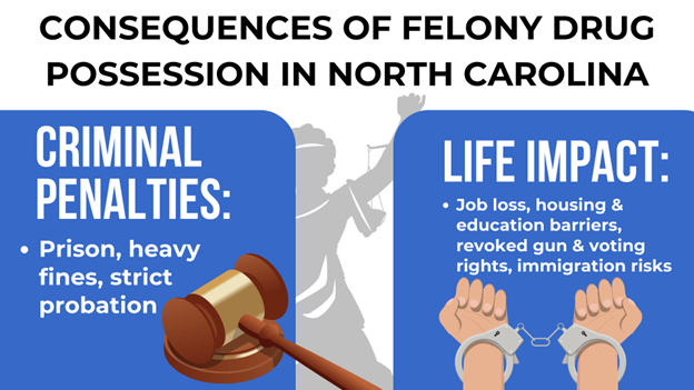 Lady Justice stands in the background, symbolizing the legal system. A gavel represents criminal penalties like prison and fines, while handcuffed hands highlight life consequences such as job loss and revoked rights.