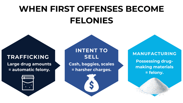 A bold title and three hexagonal sections explain when first-time drug offenses become felonies. Icons represent trafficking, sales, and manufacturing.