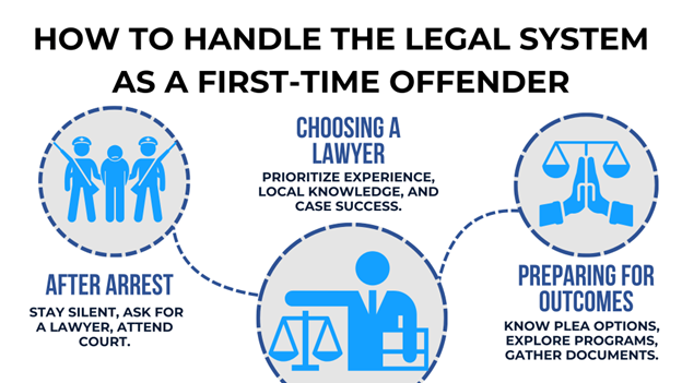 Guide for first-time offenders on handling the legal system. Steps: Stay silent after arrest, choose an experienced lawyer, and prepare for outcomes. Features blue icons of police, a lawyer, and scales of justice.