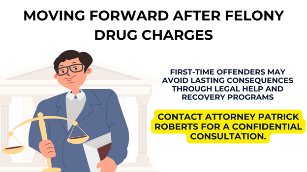 A lawyer in a suit holds a scale and book in front of a courthouse. Legal help for first-time felony drug offenders is available.