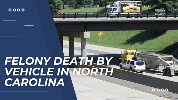 "Felony Death by Vehicle in North Carolina" text over a highway scene with trucks under and above an overpass on a clear day.