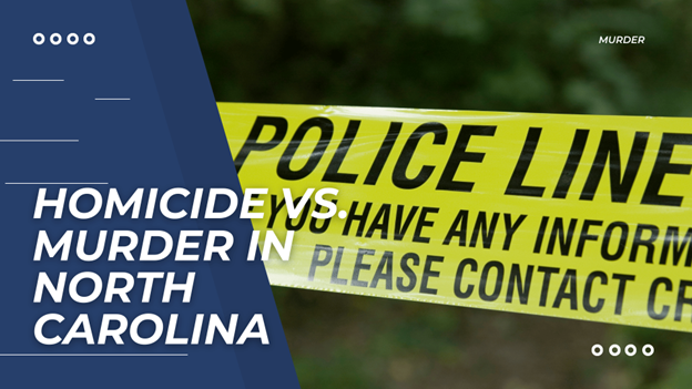 Homicide vs. Murder in North Carolina – a police line tape warns, "POLICE LINE DO NOT CROSS," set against a blurred outdoor background.