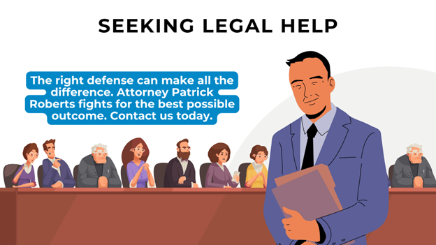 Legal help graphic featuring Attorney Patrick Roberts in a suit, a courtroom scene with a jury, and a message about strong defense.