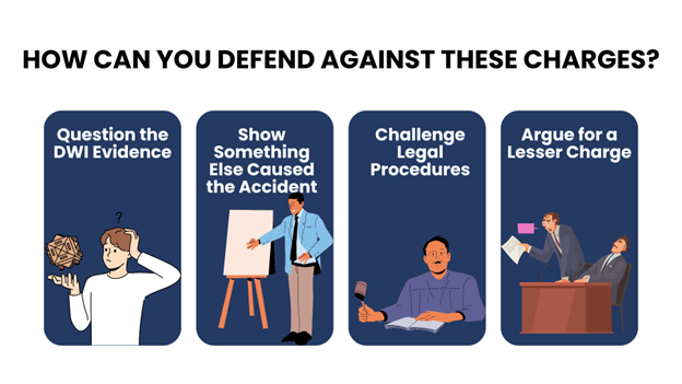 Four common defense strategies for vehicle death charges in NC, each tip is paired with a relevant cartoon-style image.