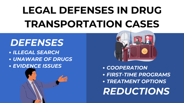 A lawyer gestures confidently. Drug Case Defenses: Illegal search, no knowledge, evidence issues. Reductions: Cooperation, first-time, treatment.