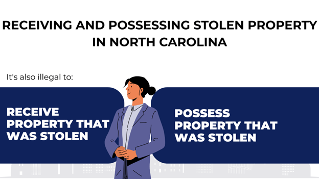 Bold legal texts reminding that under North Carolina law, it's illegal not only to steal but also to receive or possess stolen property, and a central character to draw attention to these related offenses.