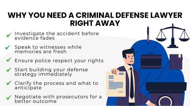 A lawyer holds papers near legal icons, with tips on why hiring a defense lawyer early helps your case.
