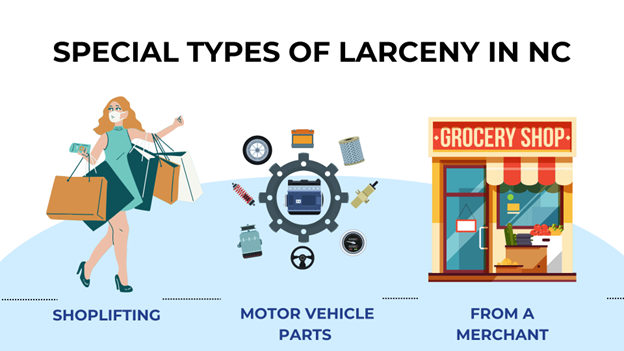 The different special types of larceny recognized in North Carolina, including shoplifting, stealing motor vehicle parts, and theft from merchants–each type is represented with simple icons.