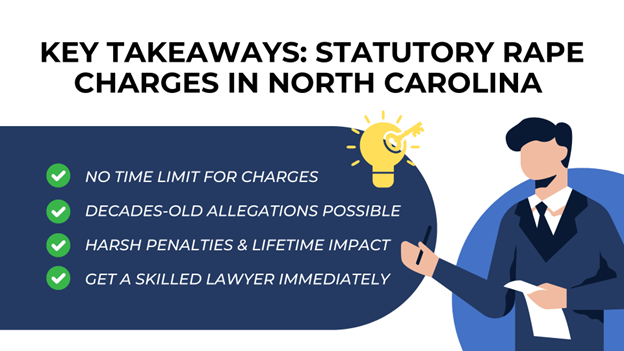 A faceless businessman in a suit holds a pen and paper, with a lightbulb icon above him, explaining the key legal facts about statutory rape charges in North Carolina.