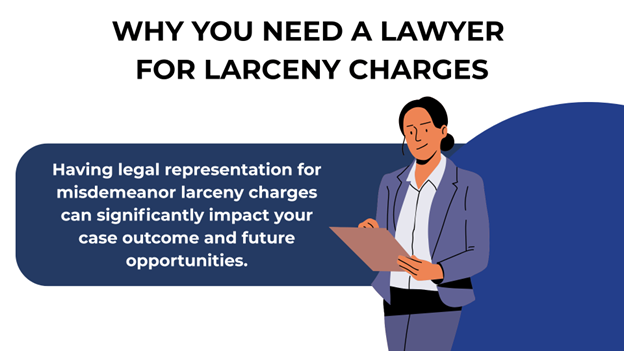 A woman dressed professionally holding a clipboard, reinforcing the idea of seeking legal help.A blue banner beside her explains the importance of hiring a lawyer for misdemeanor larceny charges.