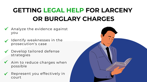 Man in suit reading a book next to tips on how legal help can fight larceny or burglary charges, with green checkmarks.