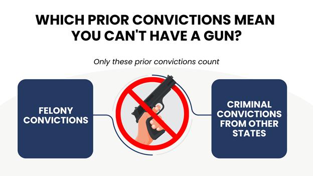 A hand holding a pistol is crossed out with a red prohibition symbol. Two blue banners  explain that only felony convictions and out-of-state criminal convictions disqualify someone from owning a gun.