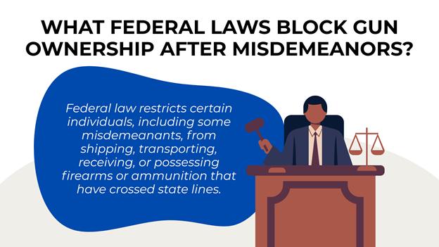 Blue banner with text that explains how federal law can bar gun ownership after misdemeanors; includes judge graphic and justice scale.