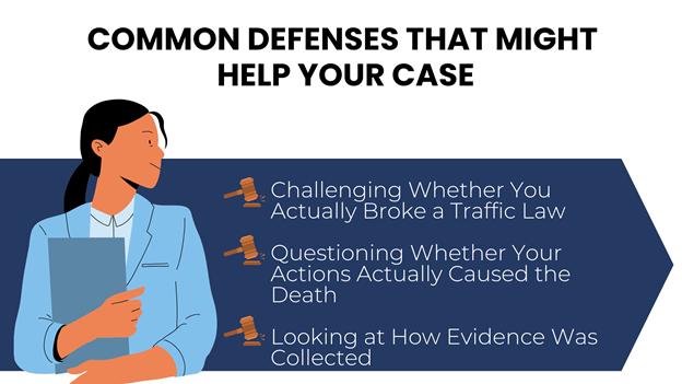 Woman in a blazer with a folder next to key legal defenses that may help in a criminal case–each defense has a gavel icon to highlight legal focus.