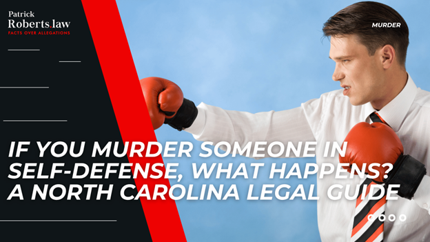 Man in dress shirt and tie wearing boxing gloves beside text introducing a North Carolina self-defense homicide guide.