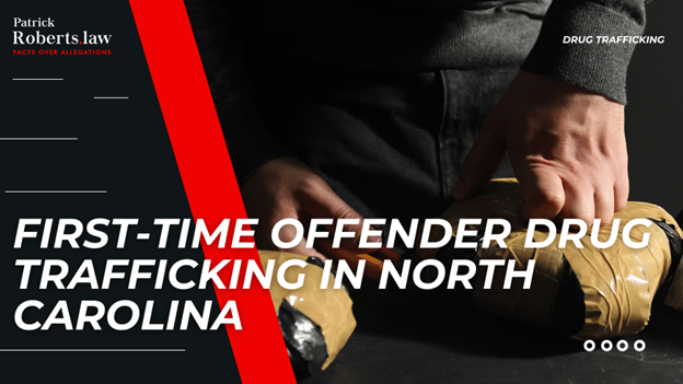 Close-up of hands holding a taped package; bold text introduces penalties and issues around first-time trafficking cases.