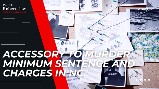 Corkboard with crime investigation photos, maps, and string connections, with bold title introducing accessory to murder charges and minimum sentences in NC.