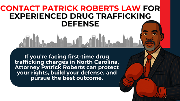 Cartoon attorney in boxing gloves with city skyline; text highlights defense for first-time drug trafficking charges in North Carolina.