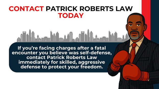 Attorney in suit and gloves beside text urging immediate contact for self-defense murder charge defense.