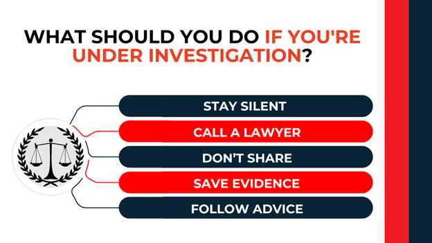 Scales of justice icon with list of steps: stay silent, call a lawyer, don’t share information, save evidence, and follow legal advice.