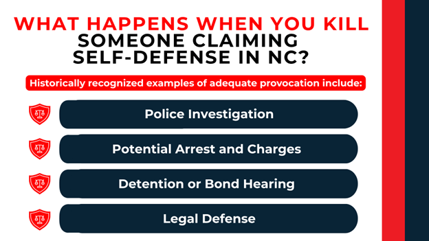 Shield icons list steps including investigation, arrest, detention, and defense process.