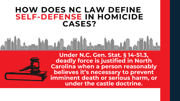 : Gavel and law book illustration with statute text explaining when deadly force is justified.