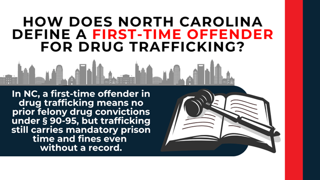 Illustration of gavel and book with skyline; text defines a first-time offender as having no prior felony drug convictions under § 90-95.