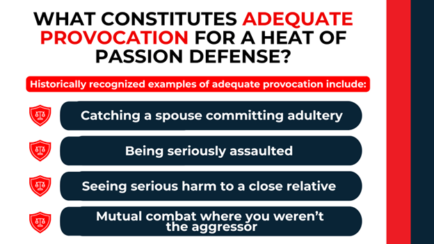 Shield icons list accepted provocations like adultery, assault, or harm to a loved one.