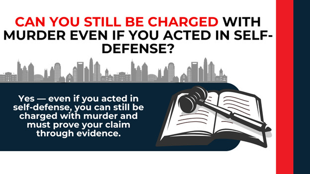 Gavel on book beside text explaining that self-defense claims still require proof to avoid murder charges.