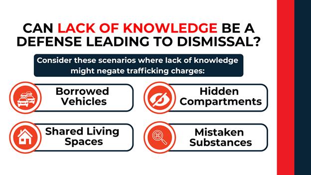 Bold red icons of cars, hidden eye, house, and magnifying glass represent scenarios—like borrowed cars and mistaken substances—used in no-knowledge defenses.