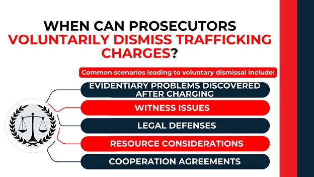 Black-and-red justice scale graphic connects to horizontal bars listing dismissal triggers like witness issues and legal defenses.