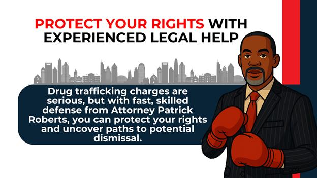 Illustrated attorney in boxing gloves faces the viewer in front of a city skyline and callout text about defending trafficking cases.