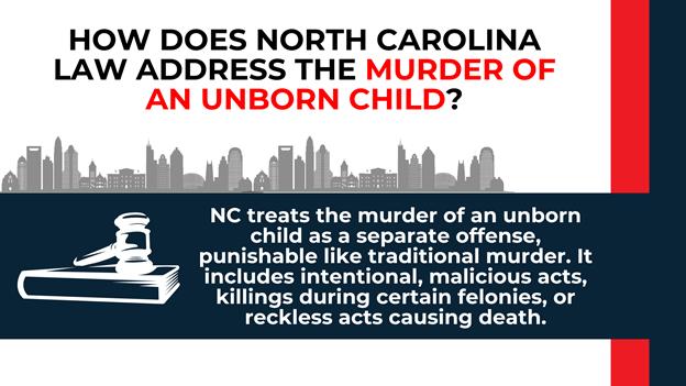 Gray city skyline above a gavel icon and white text on navy explaining NC penalties for killing an unborn child.
