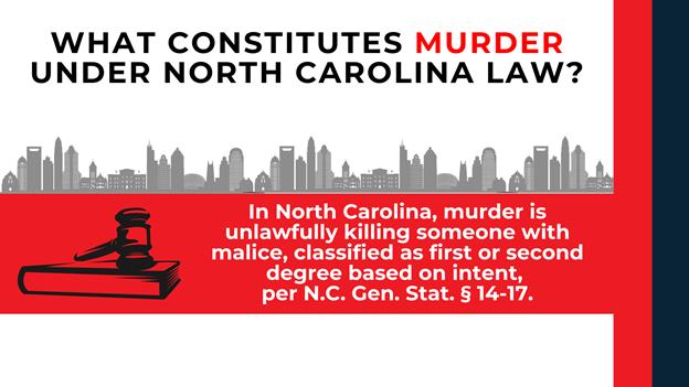 Gray skyline above a red banner with gavel icon and white text defining murder and legal classifications.
