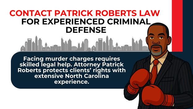 A lawyer in a suit and boxing gloves stands before a city skyline, promoting experienced criminal defense for murder charges.