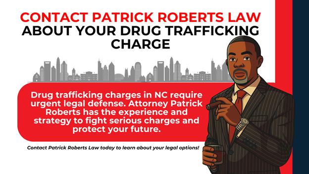 Legal call-to-action image featuring a stylized illustration of attorney Patrick Roberts and a city skyline, emphasizing urgent drug trafficking defense in NC with bold red and black text.