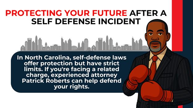 Attorney in boxing gloves beside city skyline, text about protecting rights after a self-defense incident in NC.
