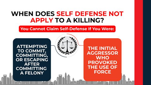 Scales of justice icon between boxes listing felony commission and being the initial aggressor as limits to self-defense.