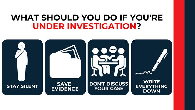 Visual guide with four key tips for those under investigation: stay silent, save evidence, don’t discuss the case, and write everything down; with simplified icons for each step.