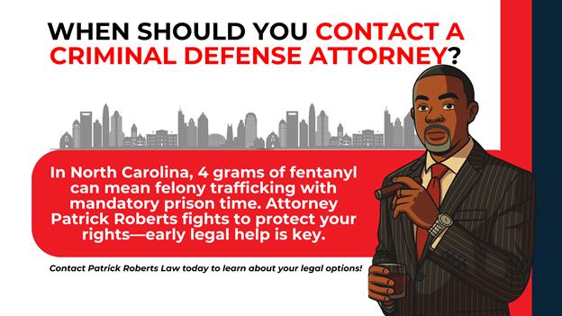 Legal call-to-action graphic encouraging early attorney contact for fentanyl charges in NC; includes illustrated attorney holding cigar and glass, with a city skyline in background.