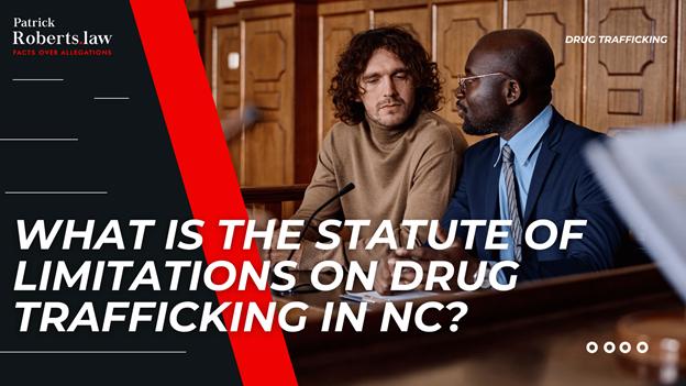 Courtroom scene with two men seated at a defense table, bold headline over black and red diagonal design.