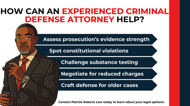 Illustration of attorney holding a cigar, list of legal strategies in blue arrows, from assessing evidence to crafting defenses for older cases.