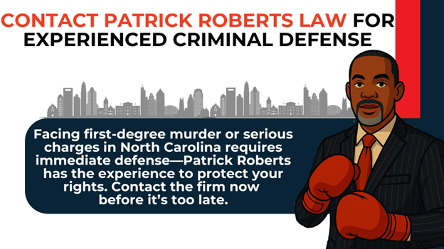 Illustration of attorney in boxing gloves with city skyline. Text emphasizes the need for immediate legal defense in first-degree murder cases and urges contacting Patrick Roberts Law for protection of rights.