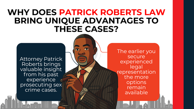 Illustration of attorney Patrick Roberts beside text explaining his prosecutorial experience and the benefits of early legal representation in sex crime cases.