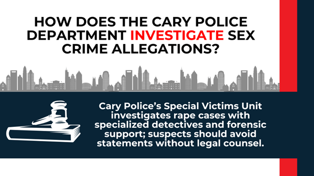 Gavel and skyline with text describing Cary Police’s Special Victims Unit and investigative process.