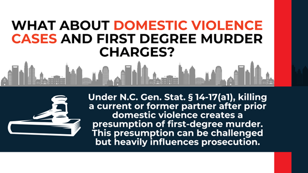 Gavel and book icon with city skyline. Text explains that killing a current or former partner after prior domestic violence creates a presumption of first-degree murder under NC law.